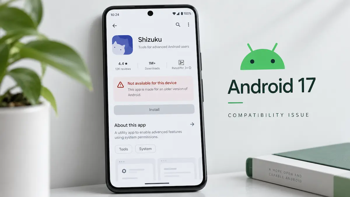 Shizuku Play Store compatibility warning on Android 17 showing the app unavailable for the device